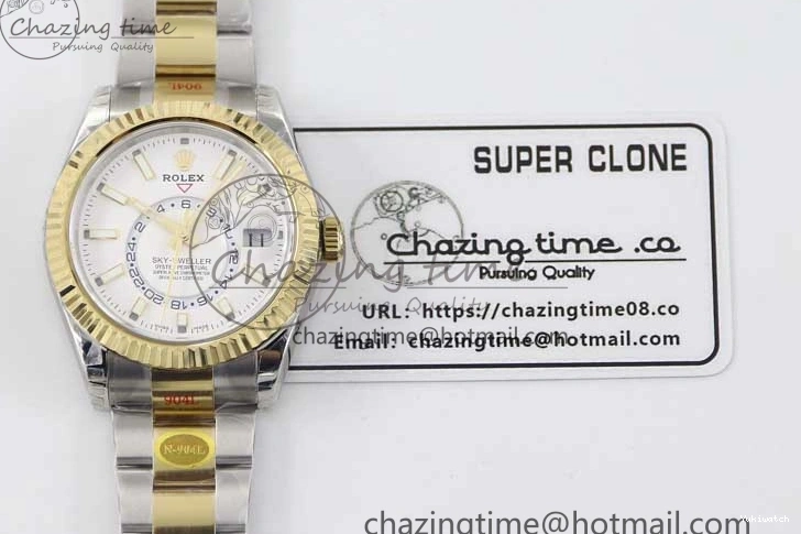 YG Asian SS Dial Edition Sky-Dweller Best 23J to 904L 1:1 Noob White on Bracelet 9001 SS YG 0301